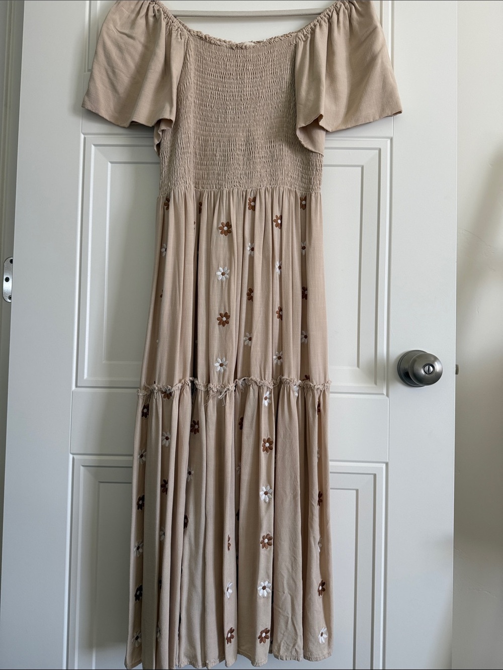 Beige Off-Shoulder Smocked Midi Dress with Floral Embroidery